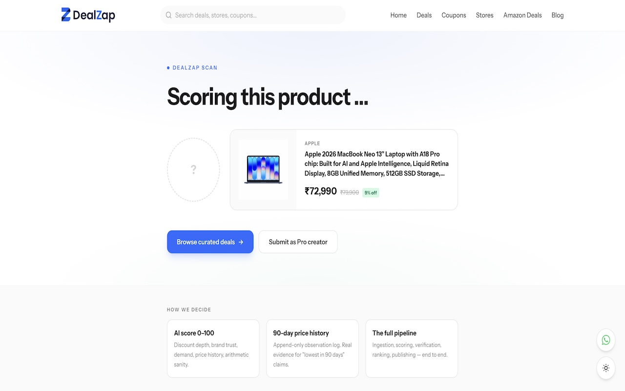 DealZap Scan page reading the product details and checking 90-day price history