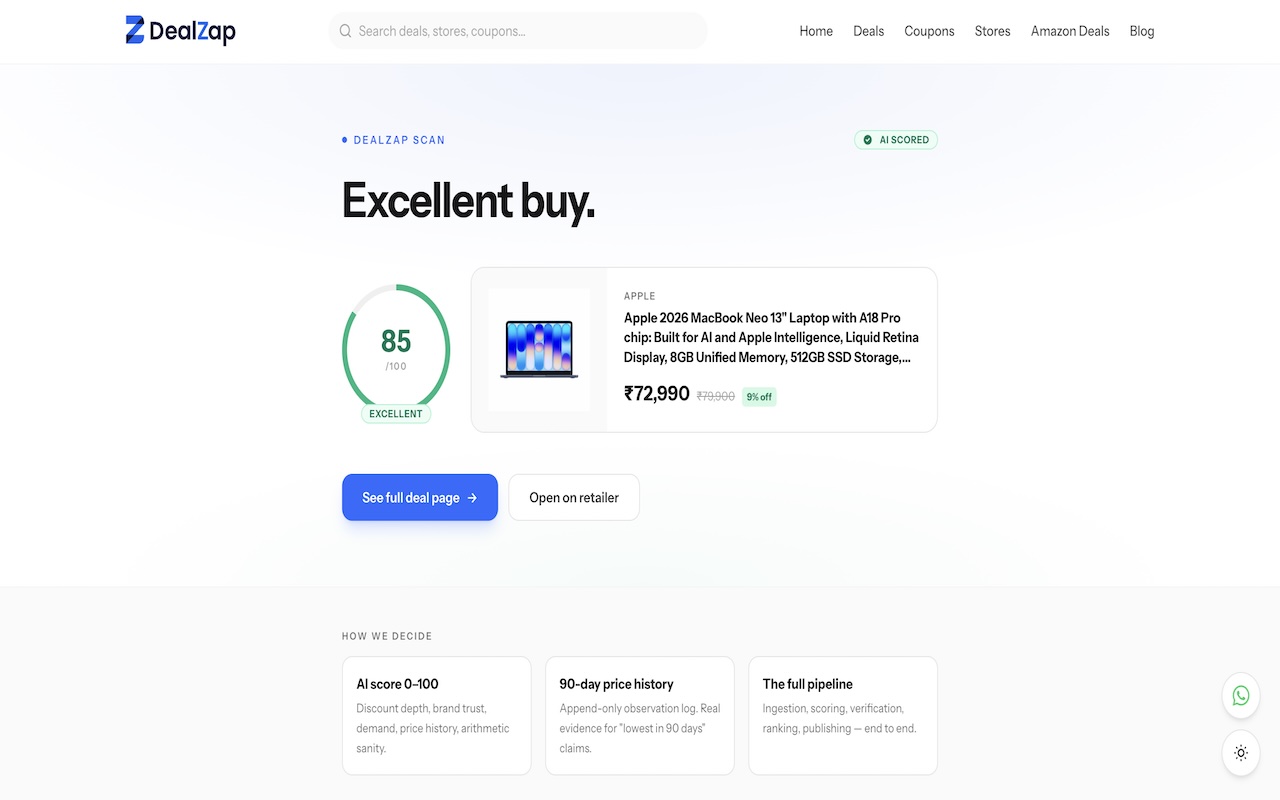 DealZap browser extension verdict — Excellent buy, AI score 85 out of 100