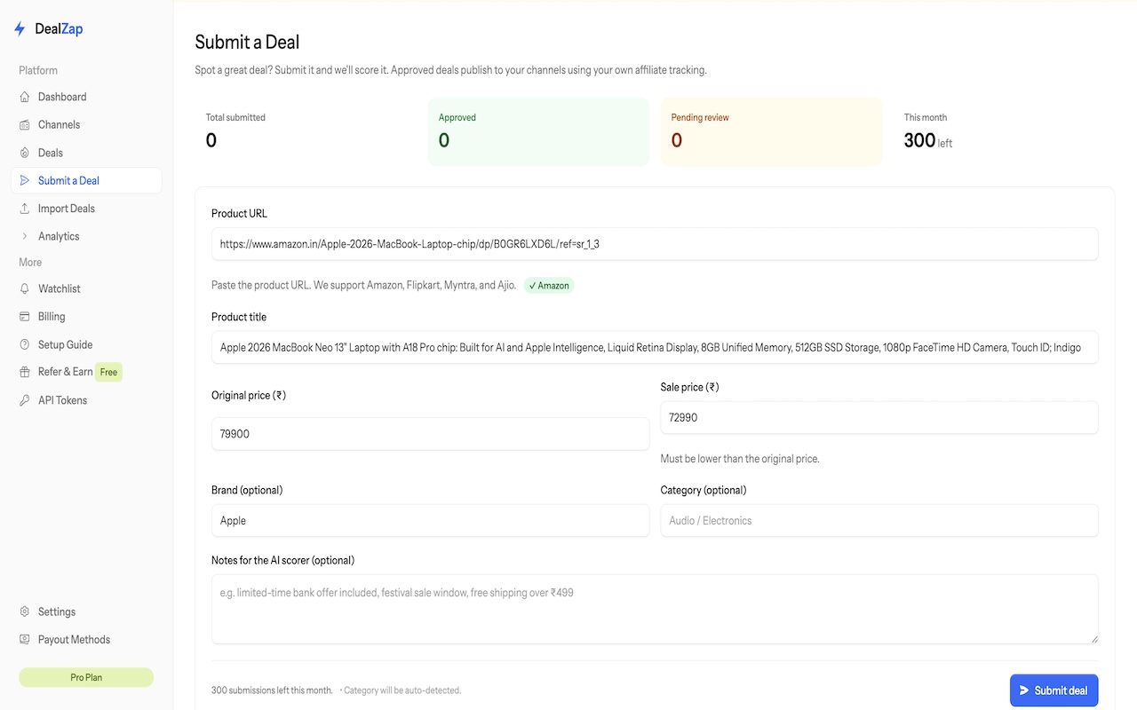 Submit-a-Deal form prefilled with the product URL, title, prices, and brand scraped from the source page